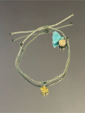 Pura Vida. Olive Green Braided Bracelet with Teal Tassel and Gold Leaf Charm